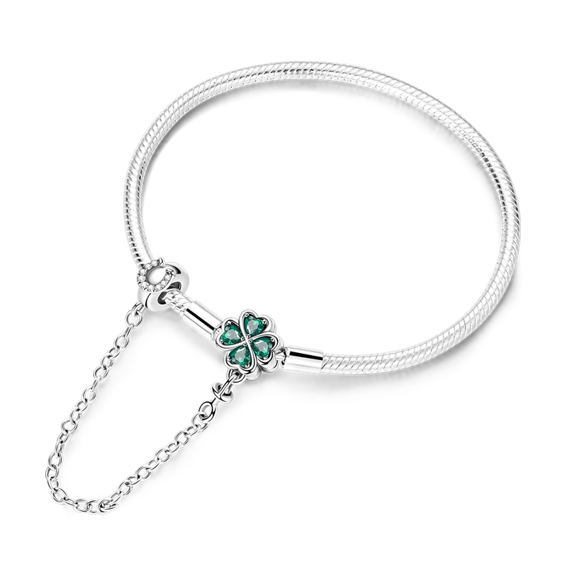 925 Sterling Silver Golden Four-Leaf Clover Snake Chain Bracelet