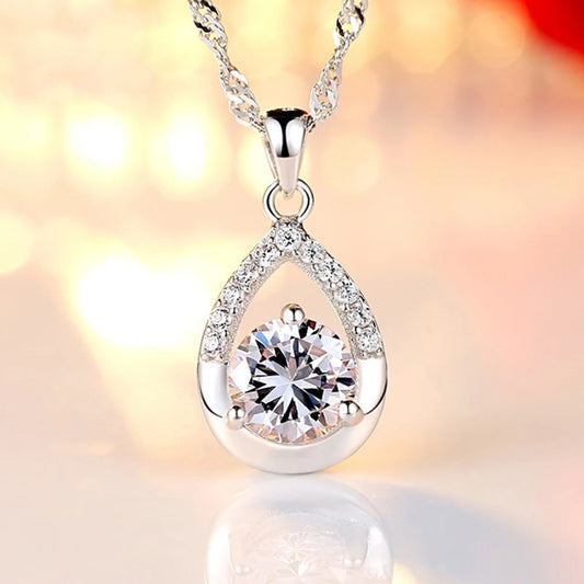 925 Sterling Silver Stylish Simple Water Drop Zircon Pendant Necklace
