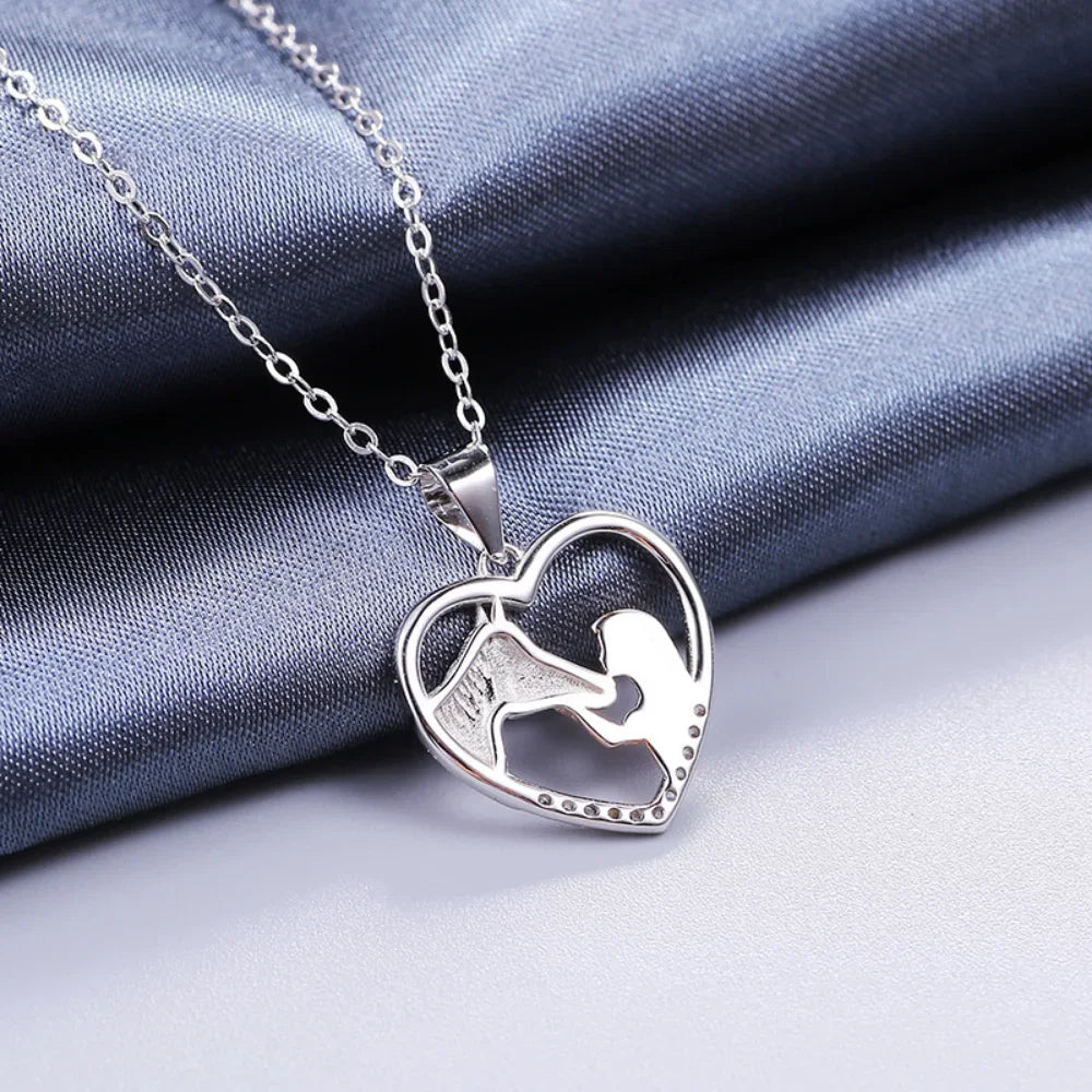 925 Sterling Silver Heart-shaped Girl And Horse Necklace