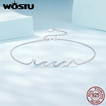 925 Sterling Silver Ocean Blue Wave Charm Anklet