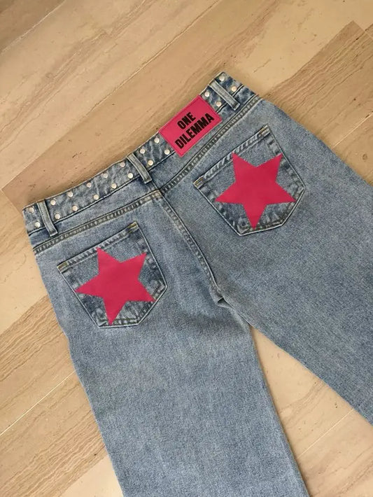 Stars Pattern Baggy Denim Pants High Waist Straight Jeans
