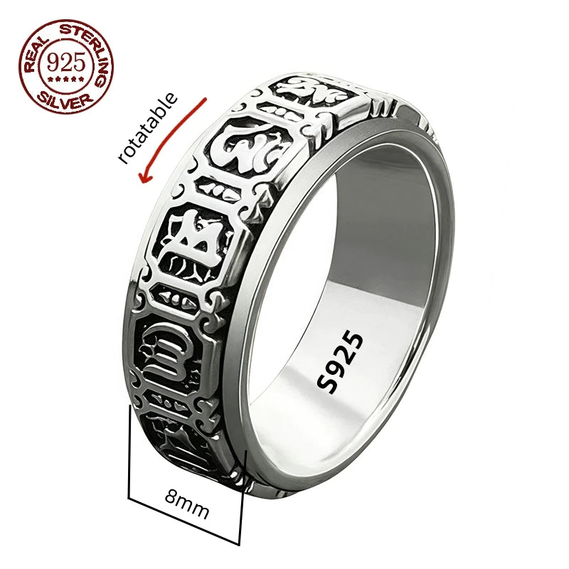 Rotatable S925 Sterling Silver Vintage Retro Stars Auspicious Cloud Couple Ring