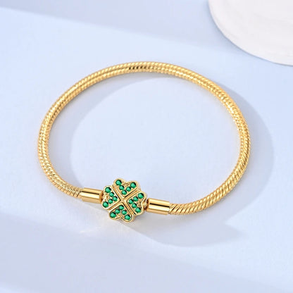 925 Sterling Silver Golden Four-Leaf Clover Snake Chain Bracelet