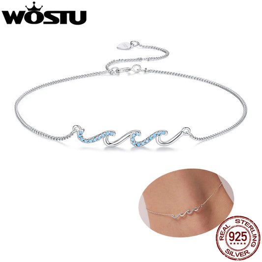 925 Sterling Silver Ocean Blue Wave Charm Anklet