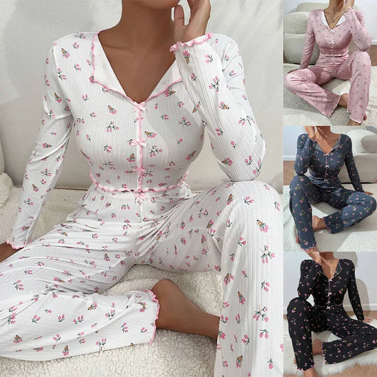 Autumn Winter Floral Print Pajamas Set
