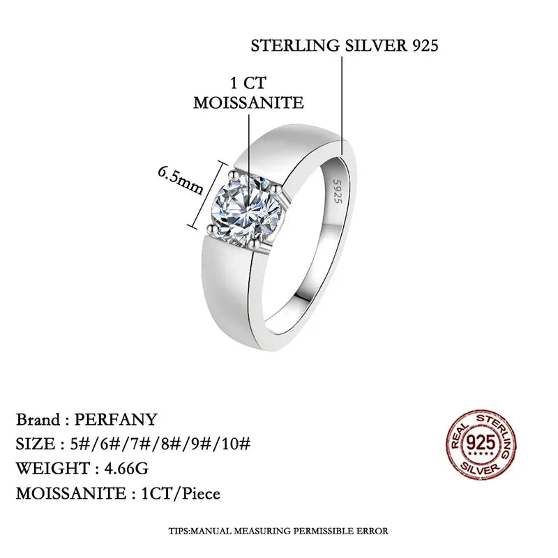 0.5/1CT Moissanite Ring for Men S925 Pure Silver