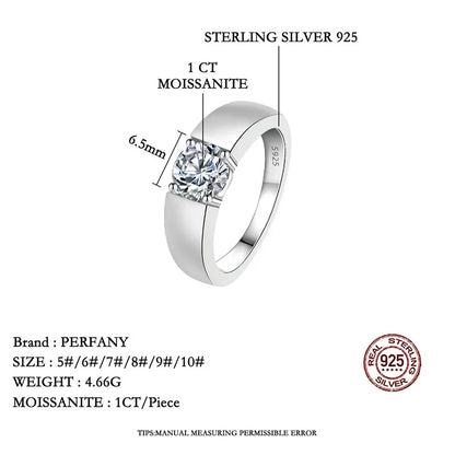 0.5/1CT Moissanite Ring for Men S925 Pure Silver