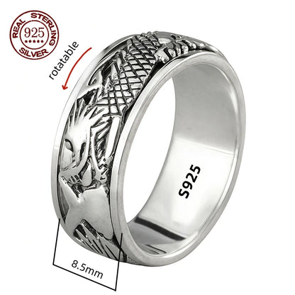 Rotatable S925 Sterling Silver Vintage Retro Stars Auspicious Cloud Couple Ring