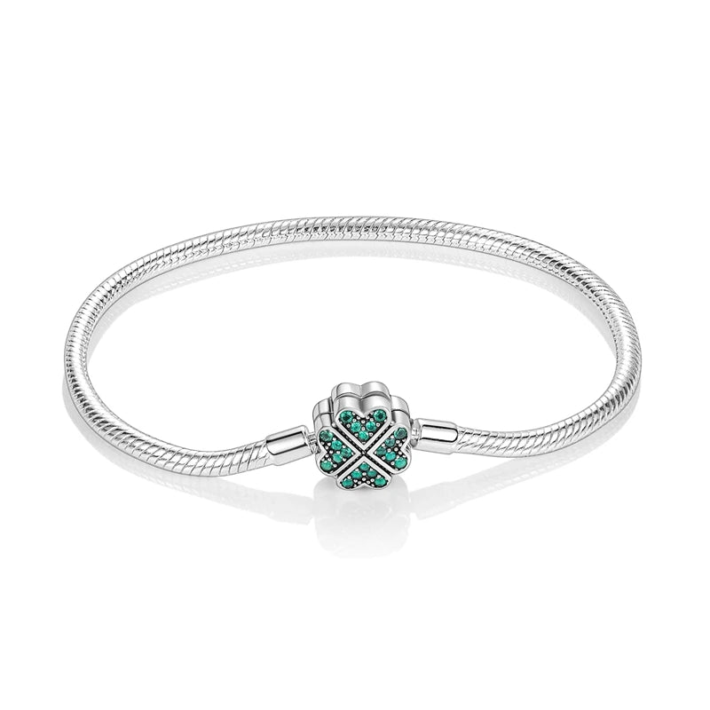 925 Sterling Silver Golden Four-Leaf Clover Snake Chain Bracelet