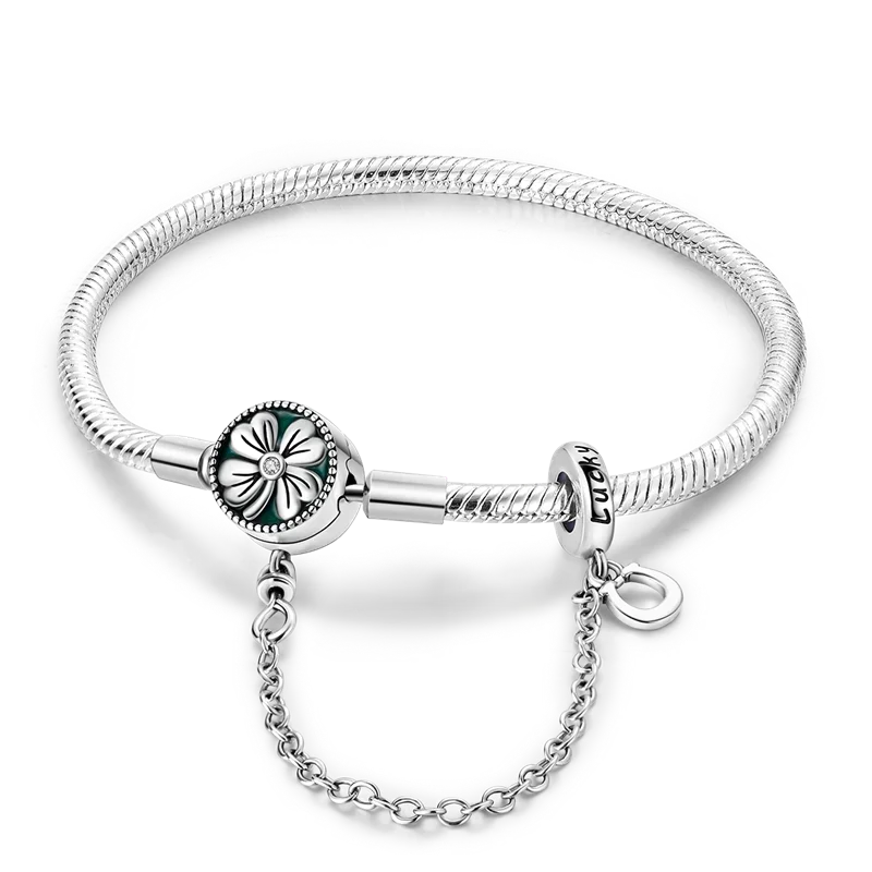 925 Sterling Silver Golden Four-Leaf Clover Snake Chain Bracelet