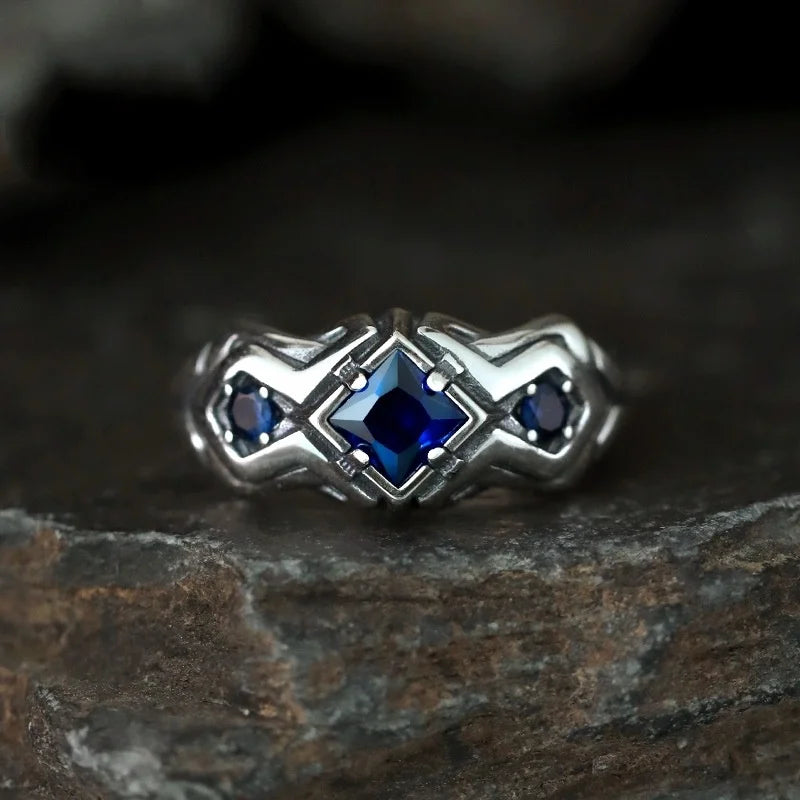 925 Sterling Silver Vintage Square Blue Ring