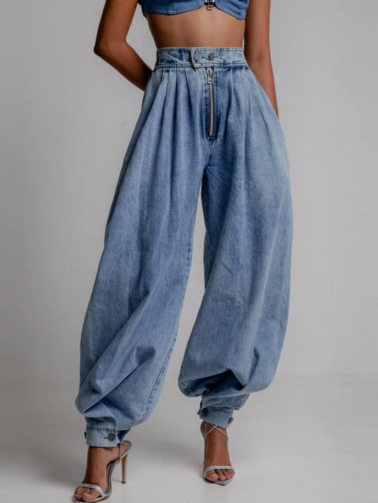 Spring High Waist Zipper Denim Loose Balloon Denim Pants