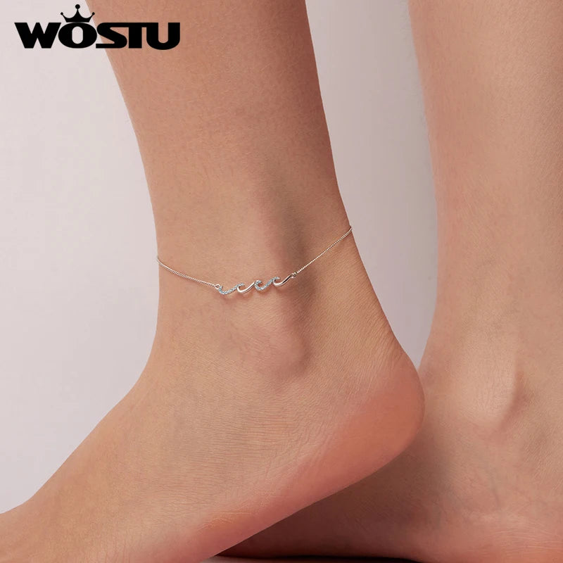 925 Sterling Silver Ocean Blue Wave Charm Anklet
