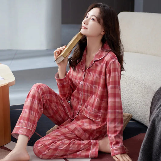 Women's Cotton Long-Sleeved Cardigan Pyjama Set