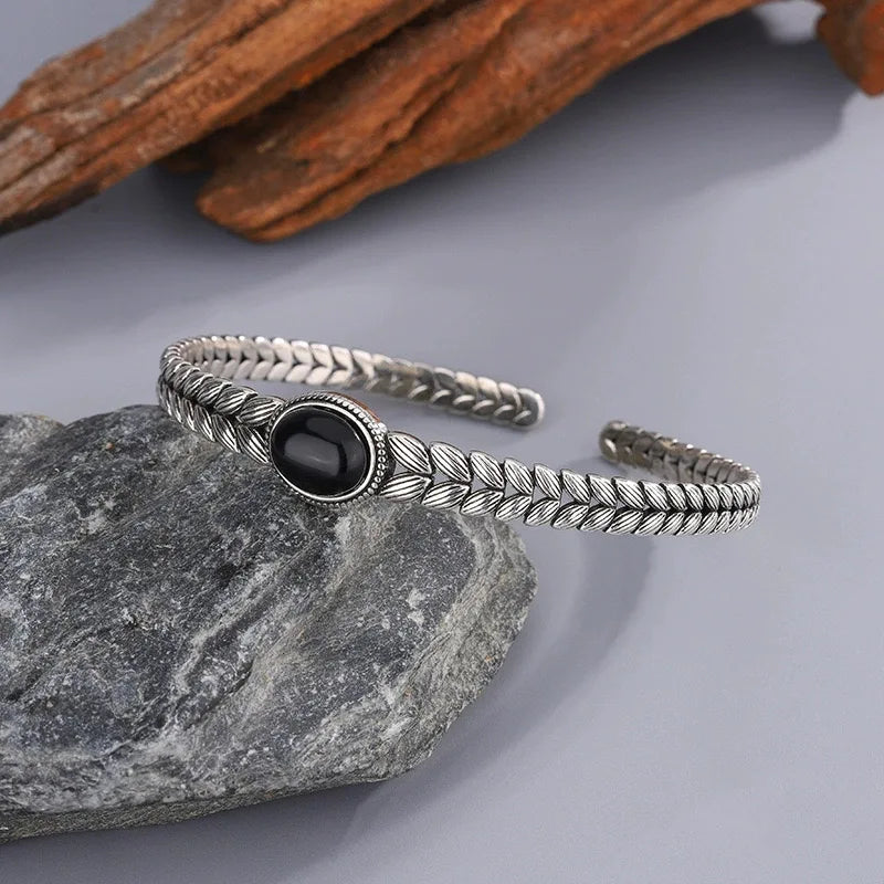 925 Sterling Silver Vintage Bracelets with Black Stone