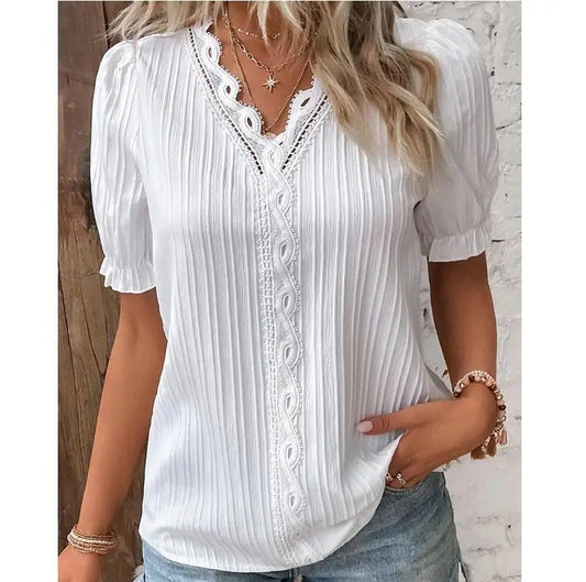V-Neck Hollow Short Sleeve Shirt