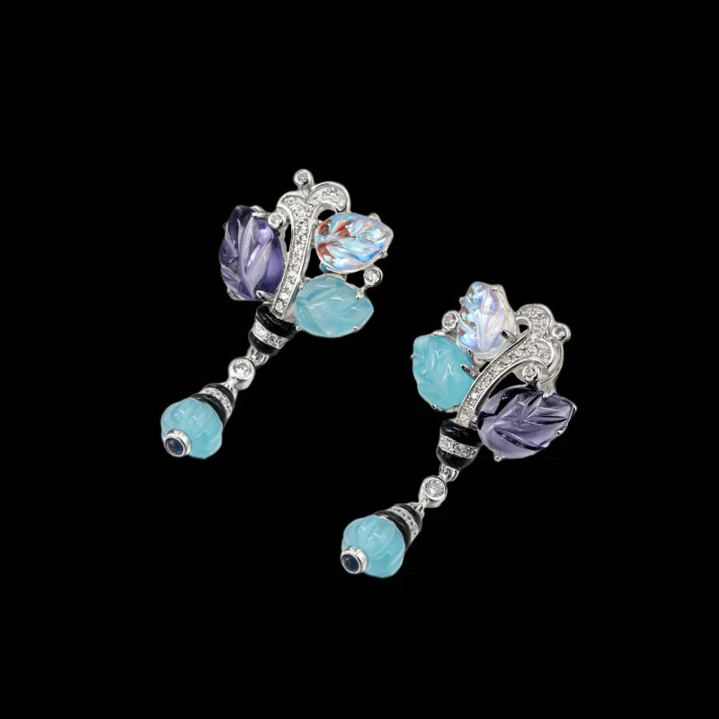S925 Vintage Style Purple Blue Gradient Floral Dangle Earrings