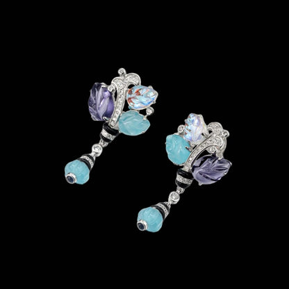 S925 Vintage Style Purple Blue Gradient Floral Dangle Earrings