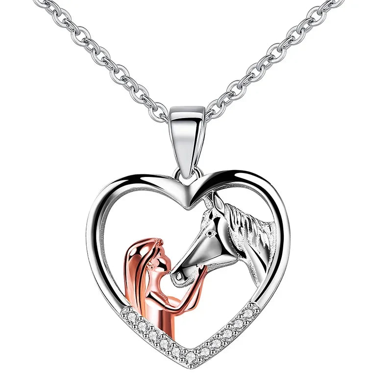 925 Sterling Silver Heart-shaped Girl And Horse Necklace
