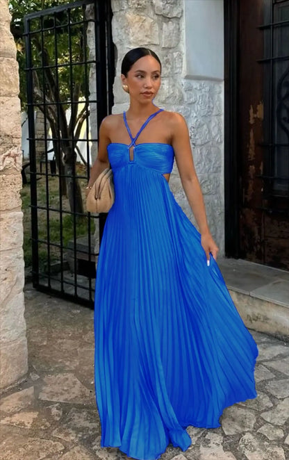 Women's Blue Pleated Halter Long Dress