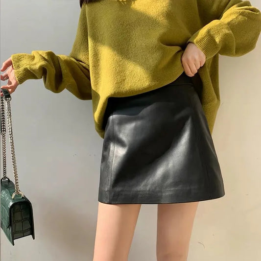 Sheep skin Leather Skirt High Waist