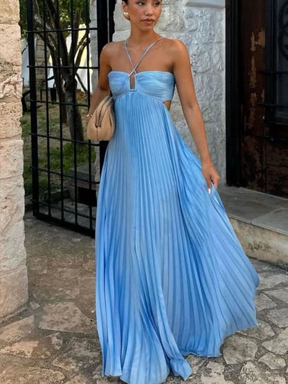 Women's Blue Pleated Halter Long Dress