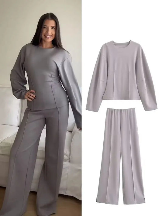 Round Neck Long-Sleeve Top+Elegant Stretch Casual Wide Leg Pants