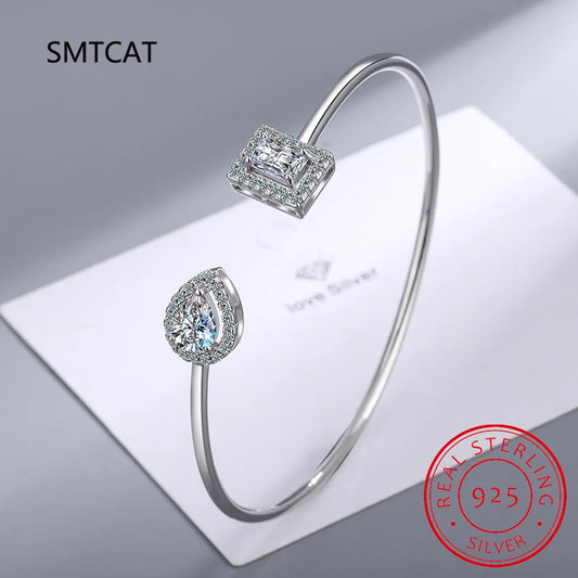 Radiant Cut Moissanite Diamond Water Drop Women Bracelet 925 Sterling Silver Adjustable Open Bangle Jewellery