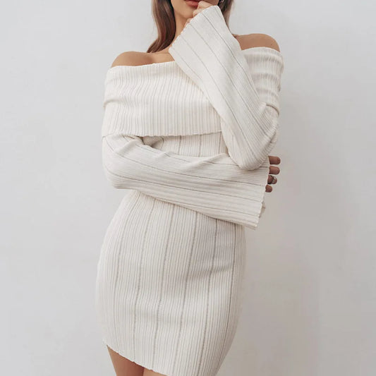 Off Shoulder Knitted Backless Long Sleeve Dress