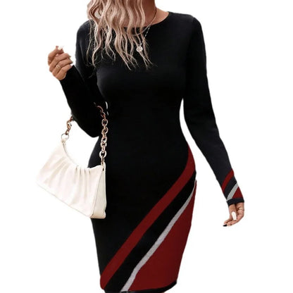 New Long Sleeve Striped Print O-neck Slim Fashion Elegant Casual