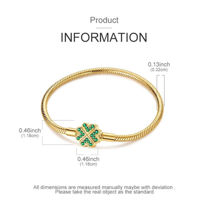 925 Sterling Silver Golden Four-Leaf Clover Snake Chain Bracelet